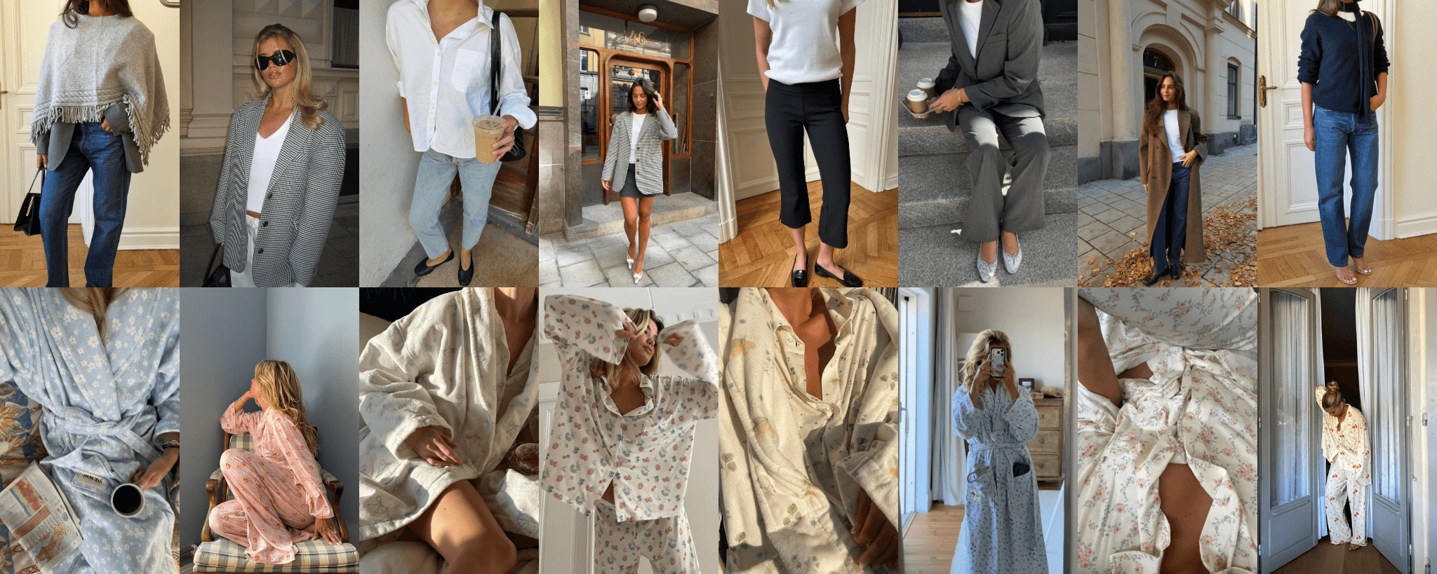 Stylingcollage med människor i kavajer, skjortor, jeans och mönstrade loungeplagg.