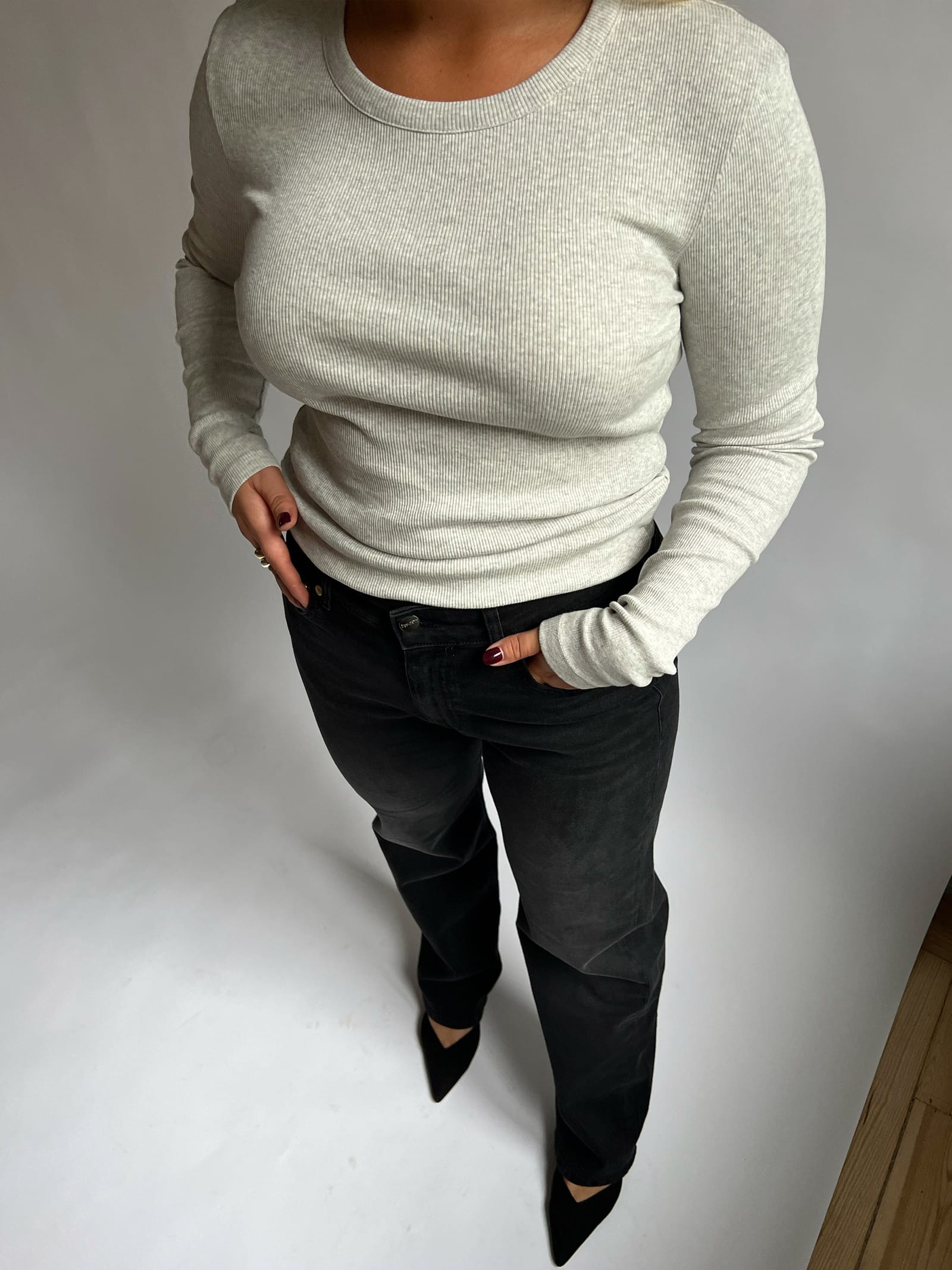 Daily Long Sleeve Top Ribbed Grey Melange