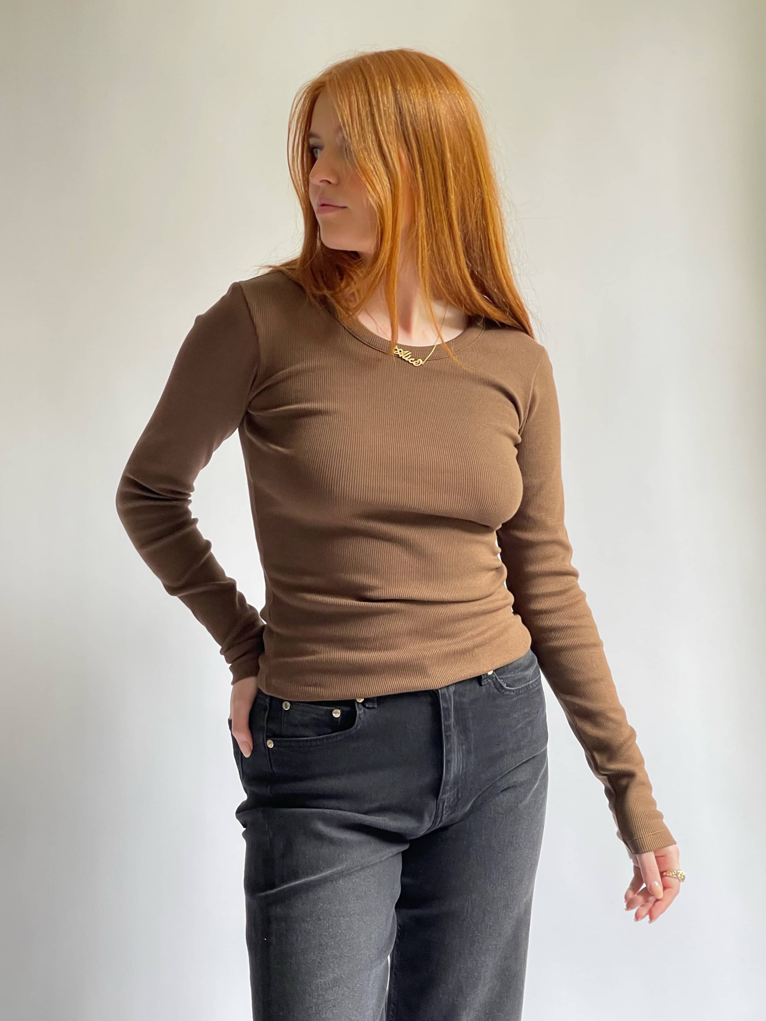 Daily Long Sleeve Top Ribbed Cocoa - Cocoa | Djerf Avenue