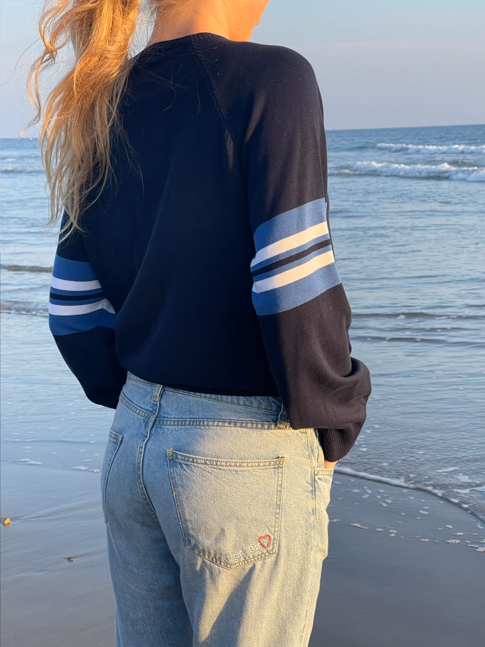 Striped Sleeve Crewneck Blue