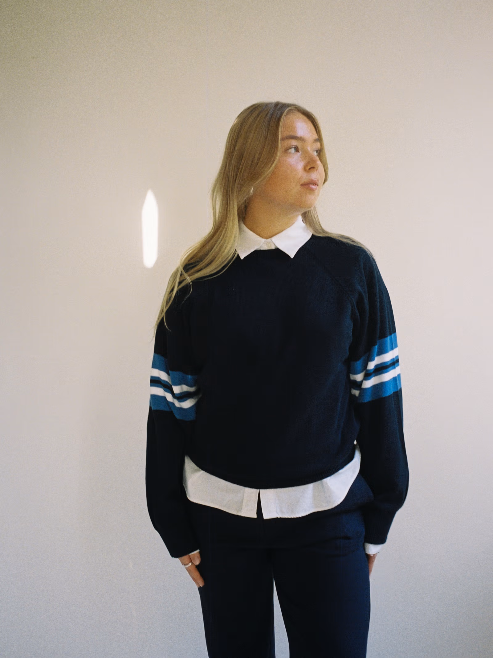 Striped Sleeve Crewneck Blue