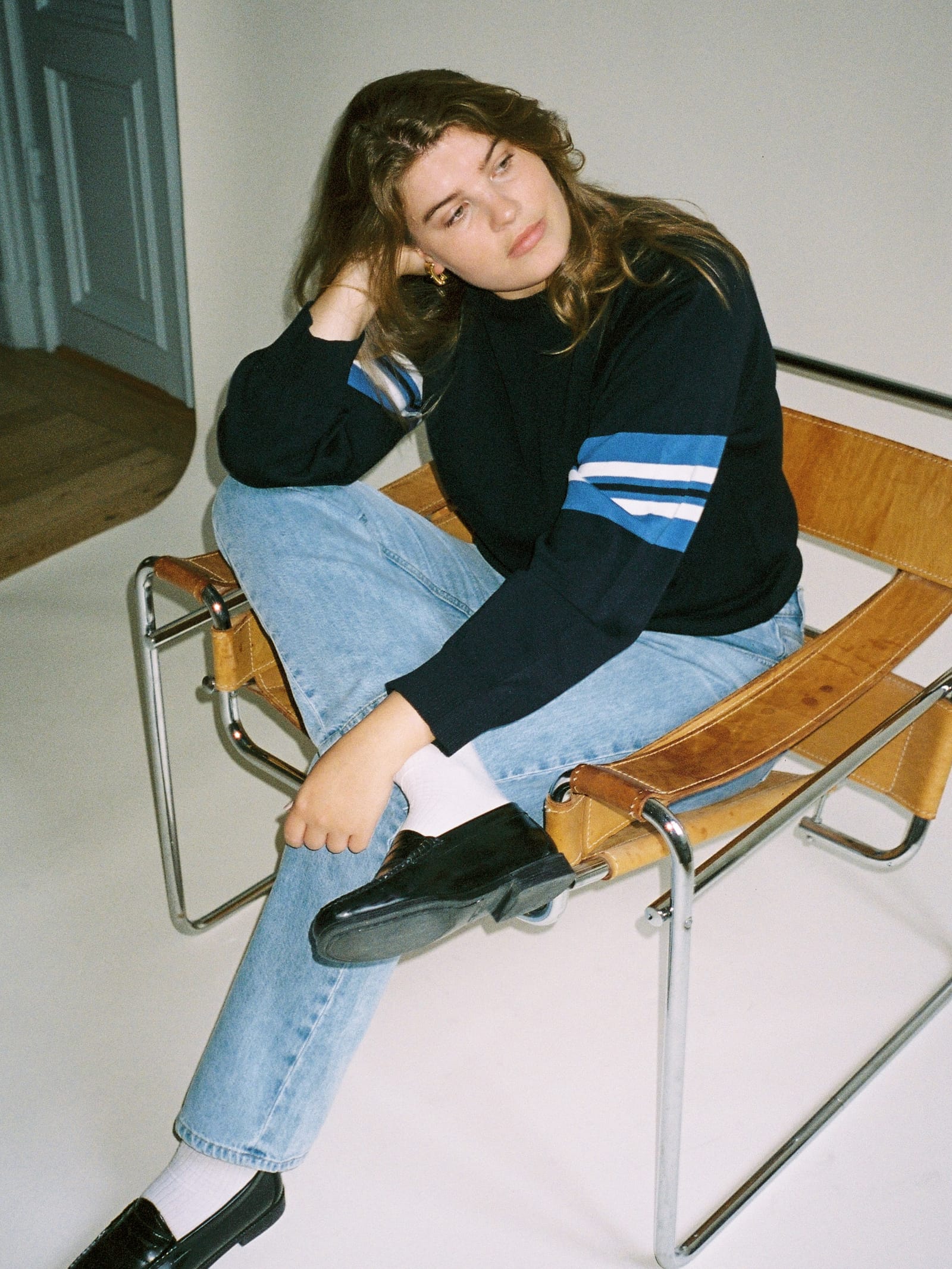Striped Sleeve Crewneck Blue