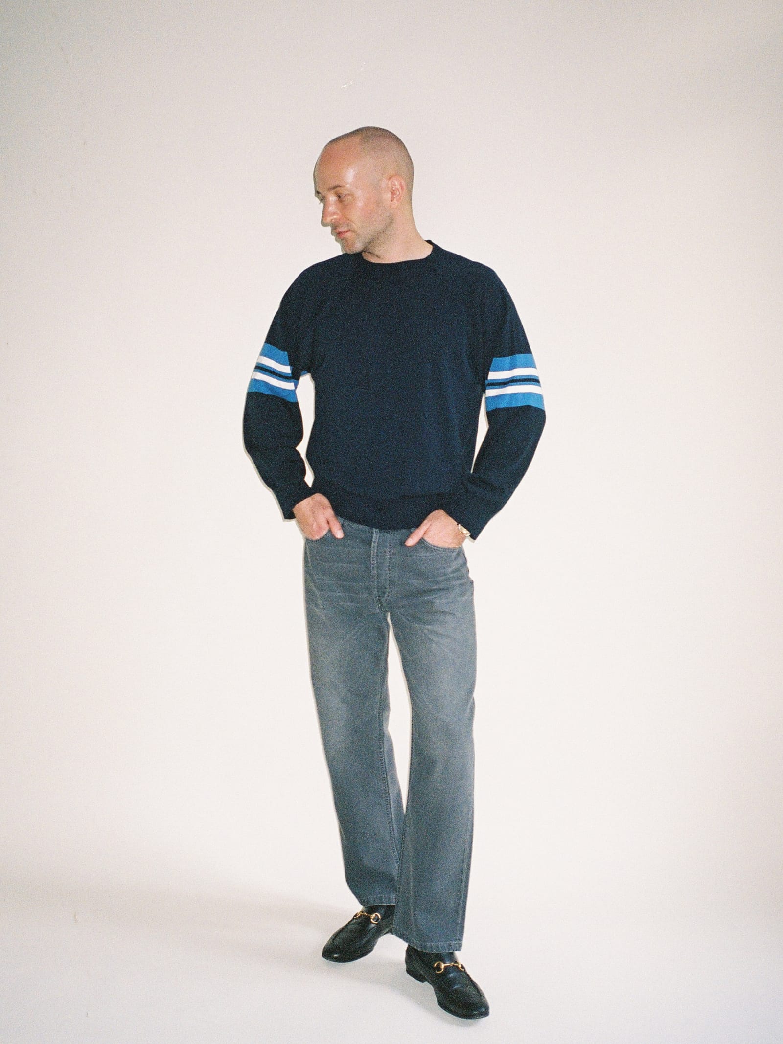 Striped Sleeve Crewneck Blue