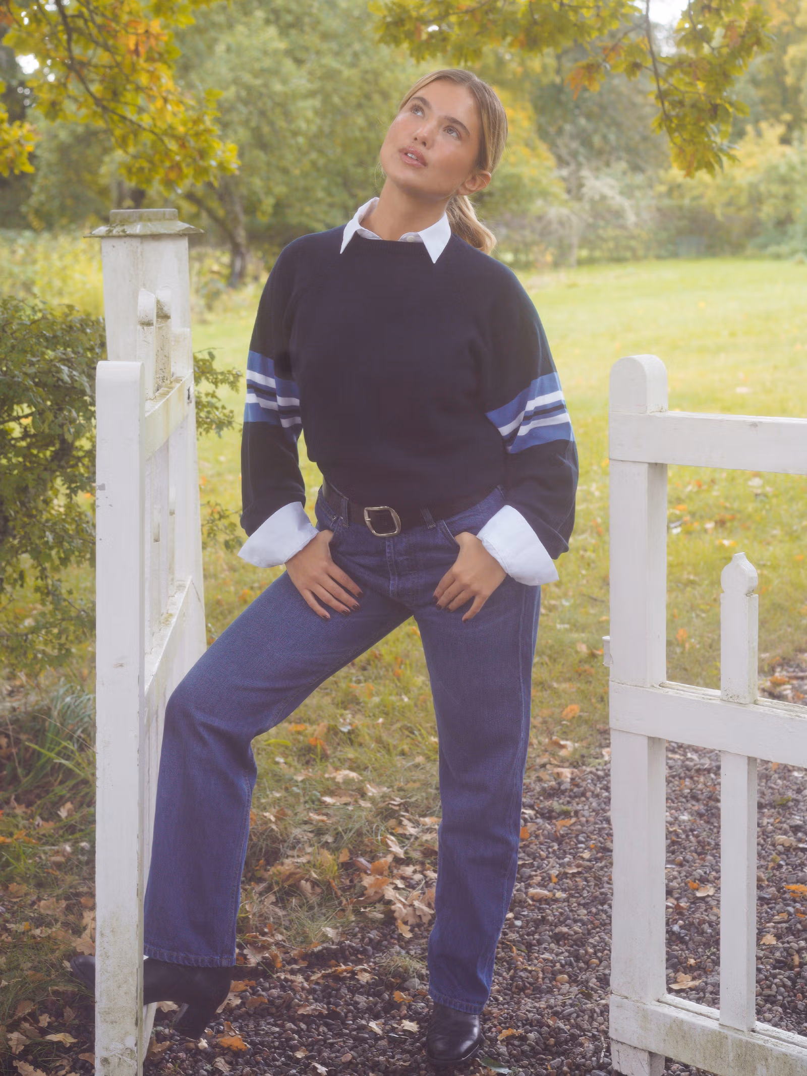 Striped Sleeve Crewneck Blue