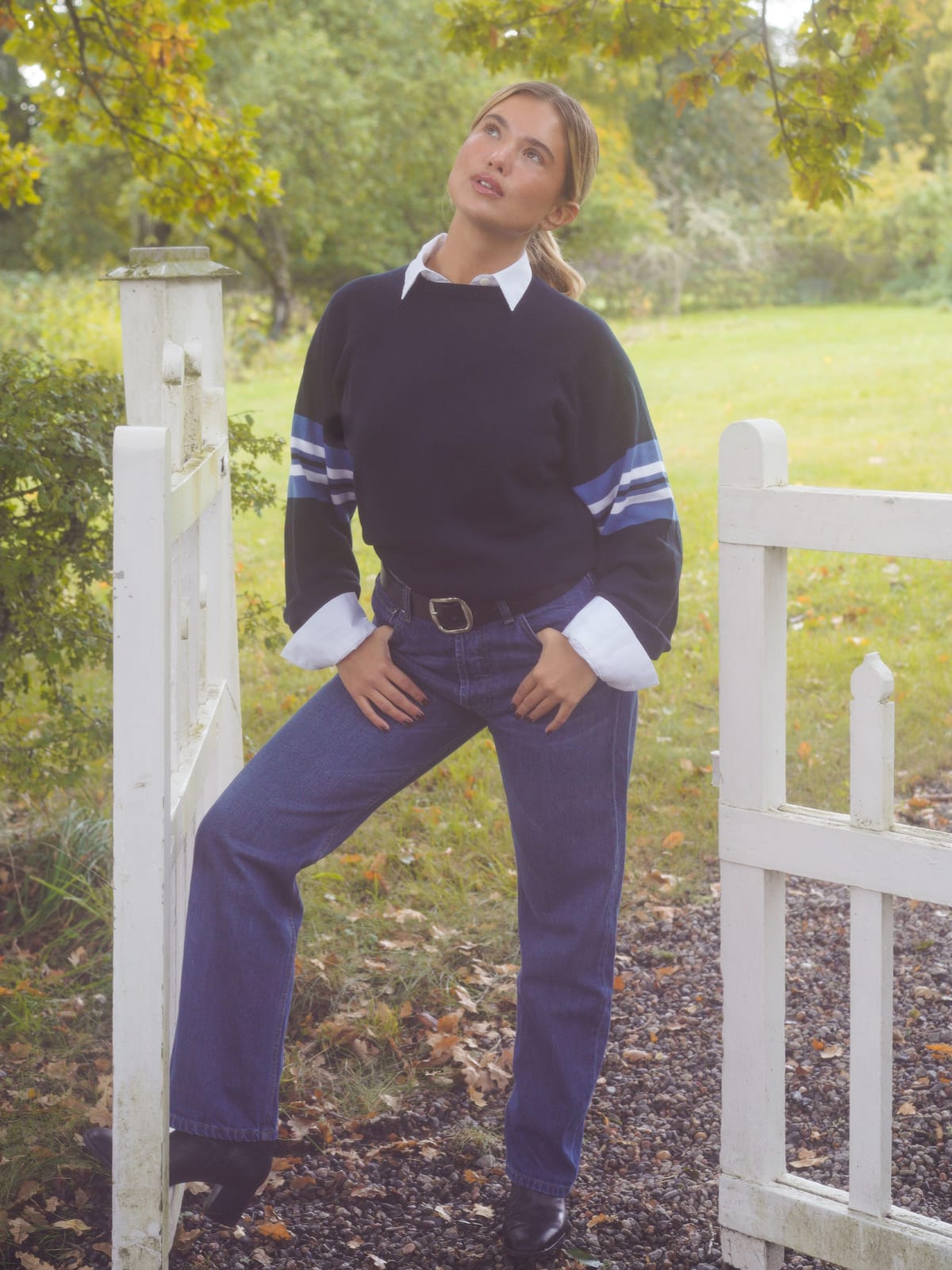 Striped Sleeve Crewneck Blue