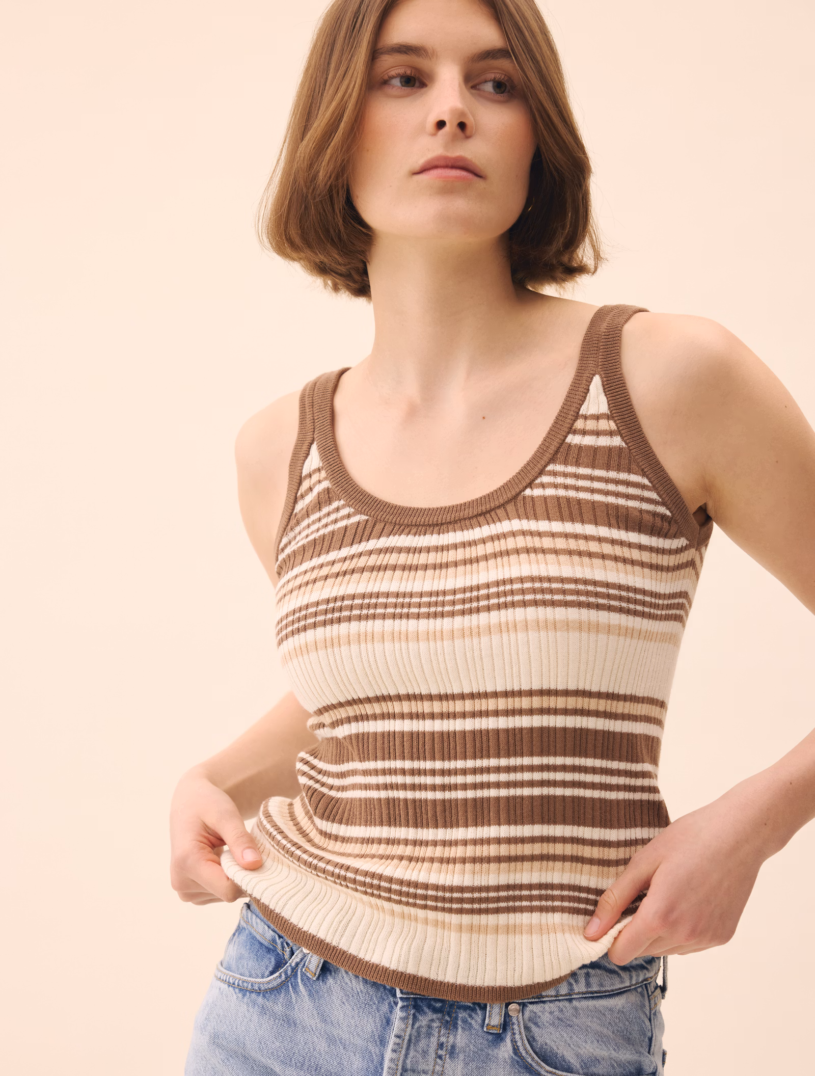 Knitted Strap Top Brown Stripe
