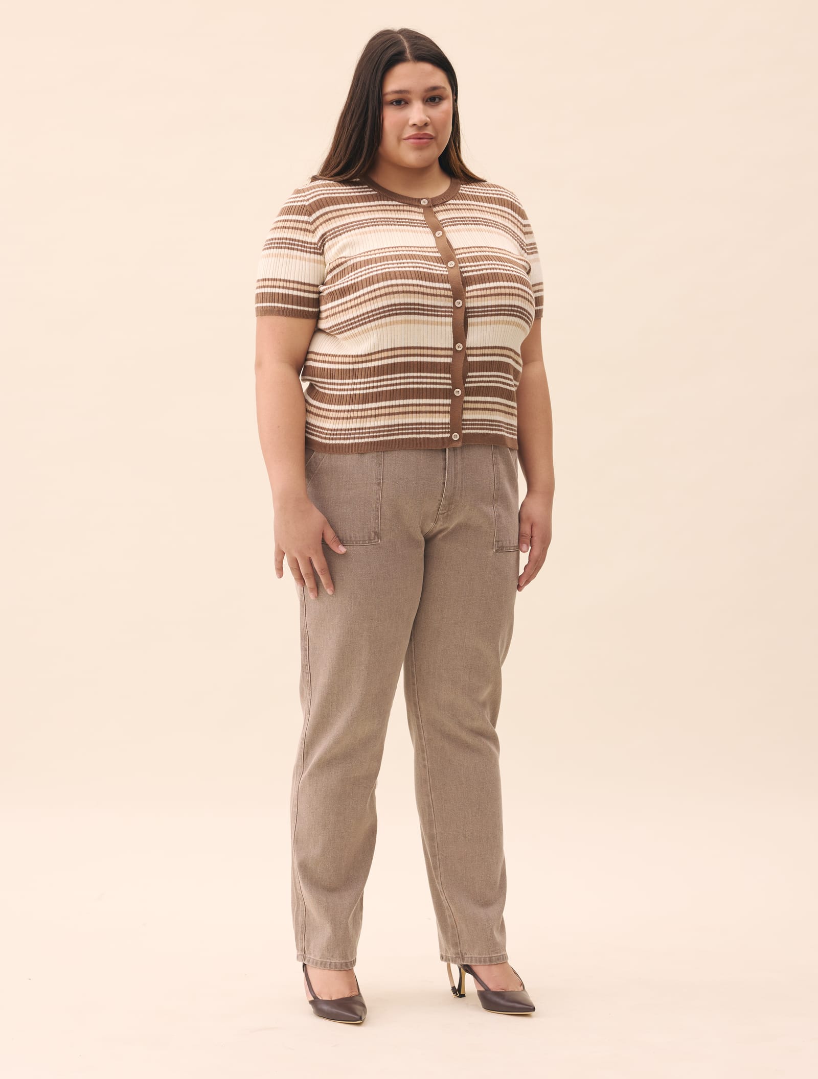 Knitted Short Sleeve Cardigan Brown Stripe