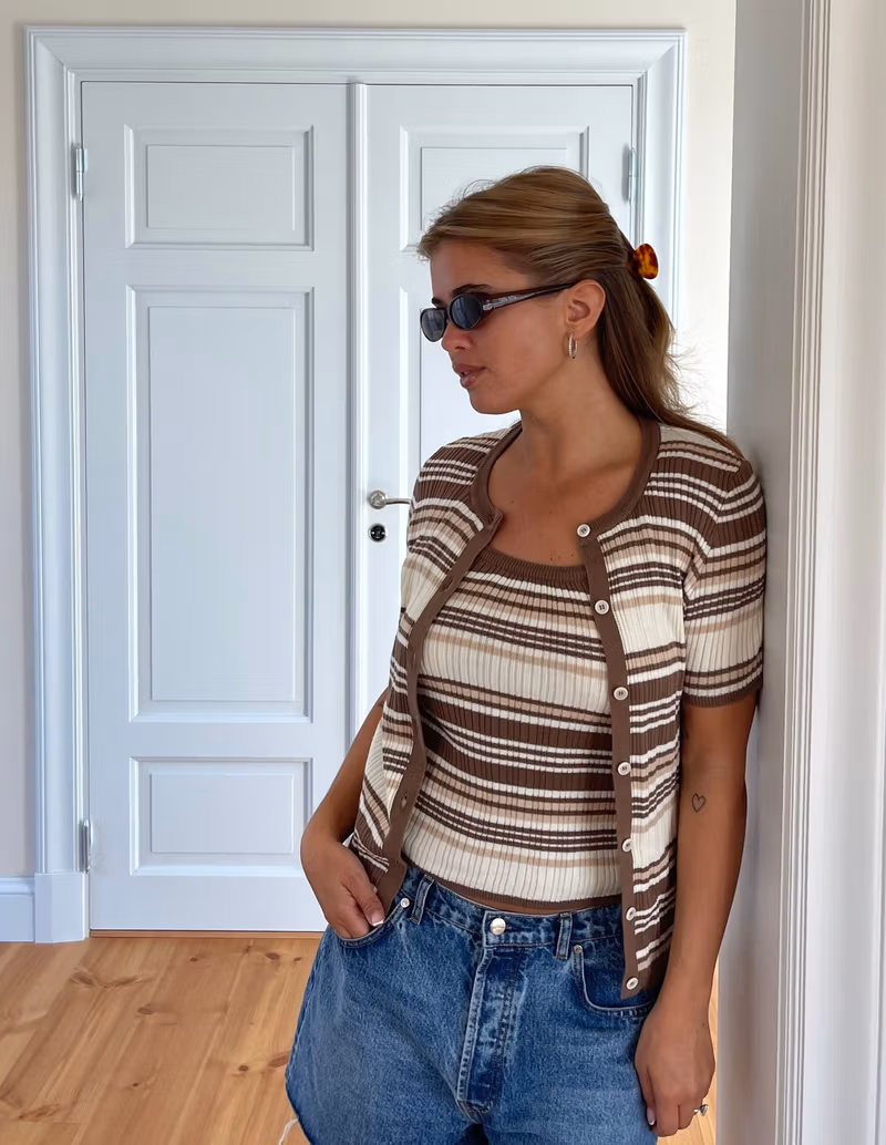 Knitted Short Sleeve Cardigan Brown Stripe