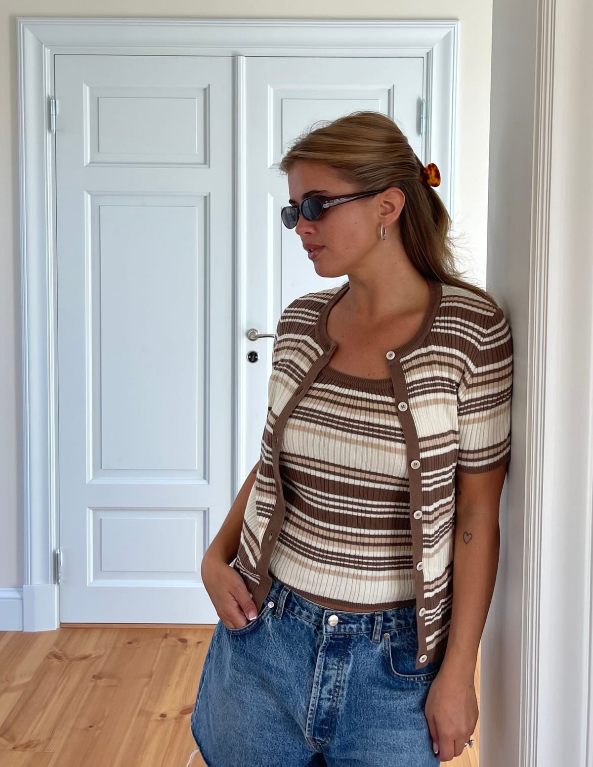 Knitted Short Sleeve Cardigan Brown Stripe
