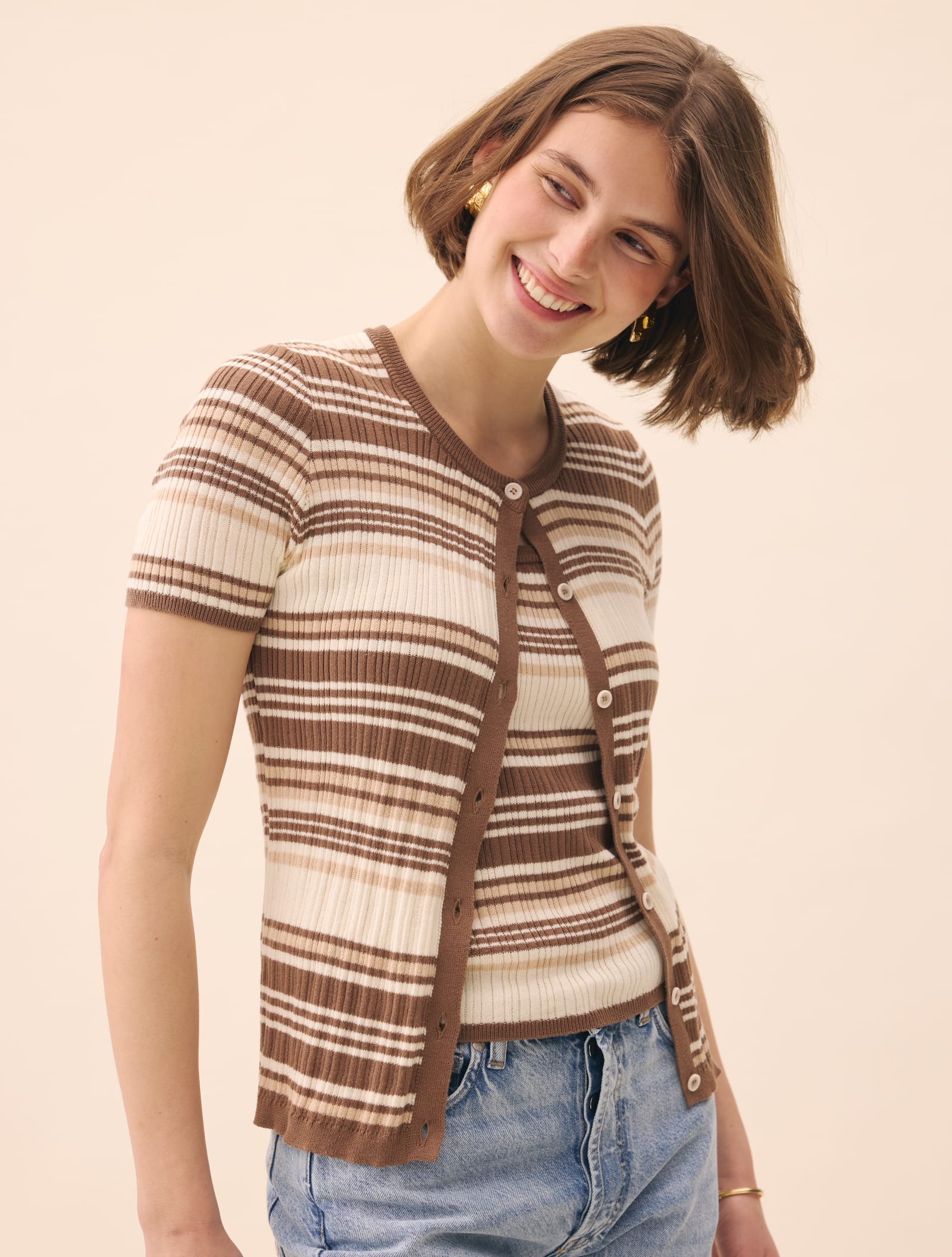 Knitted Short Sleeve Cardigan Brown Stripe