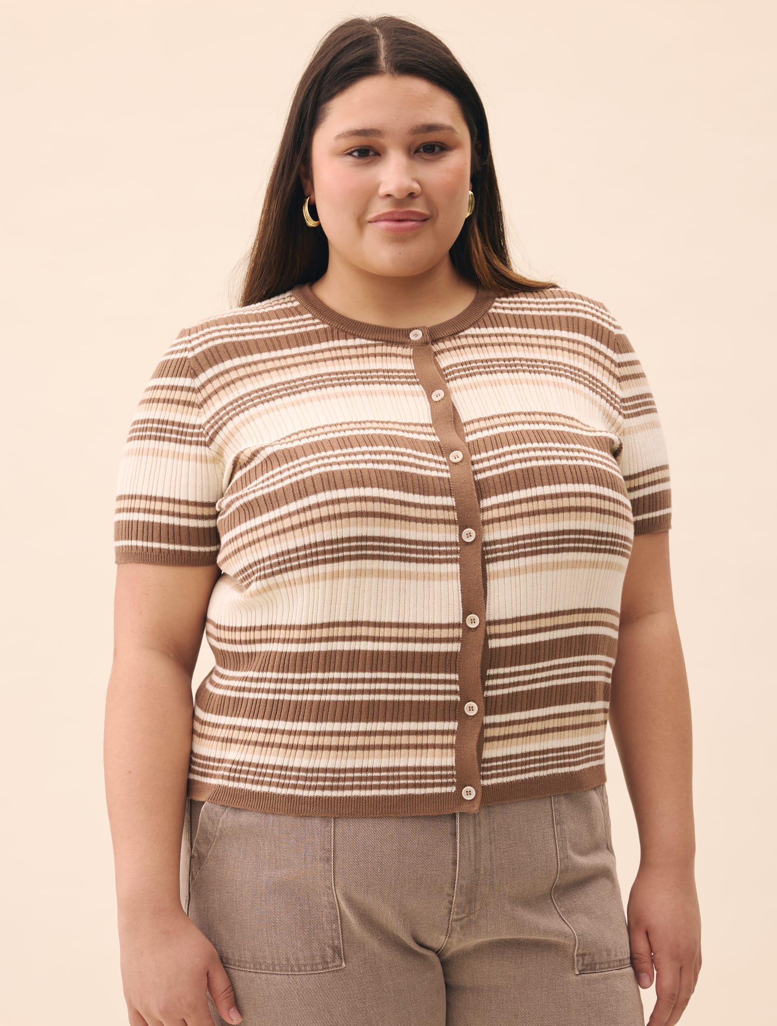 Knitted Short Sleeve Cardigan Brown Stripe