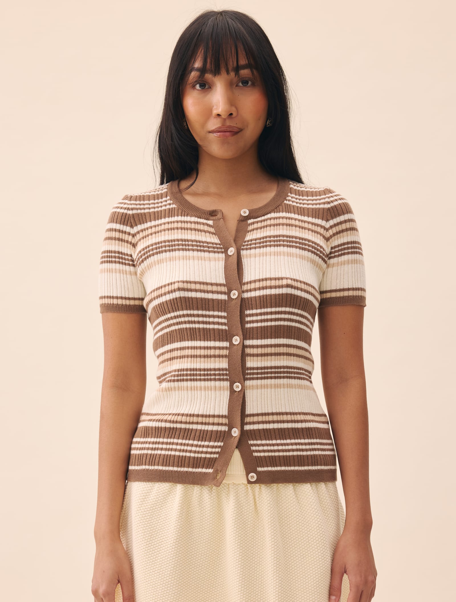 Knitted Short Sleeve Cardigan Brown Stripe