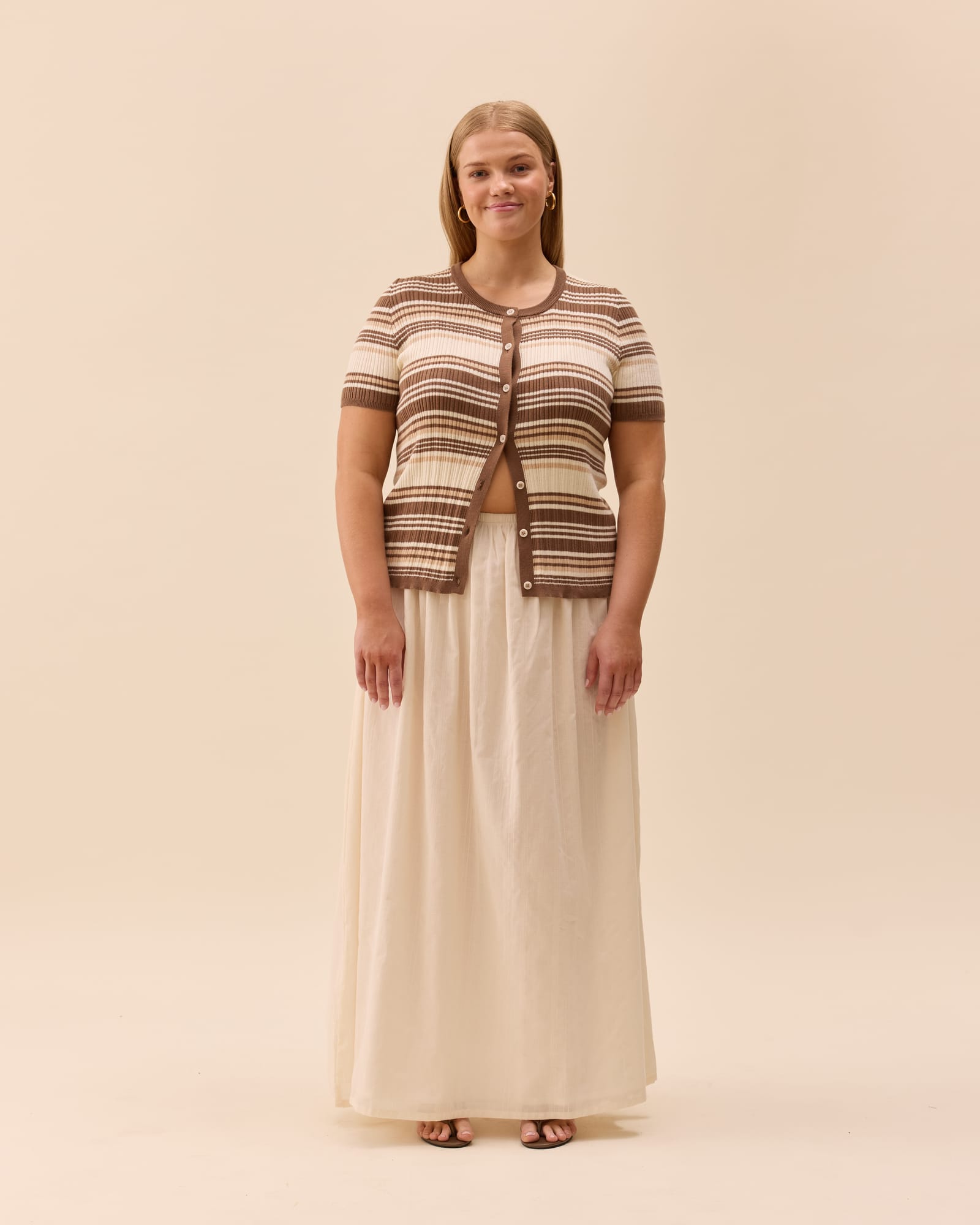 Knitted Short Sleeve Cardigan Brown Stripe