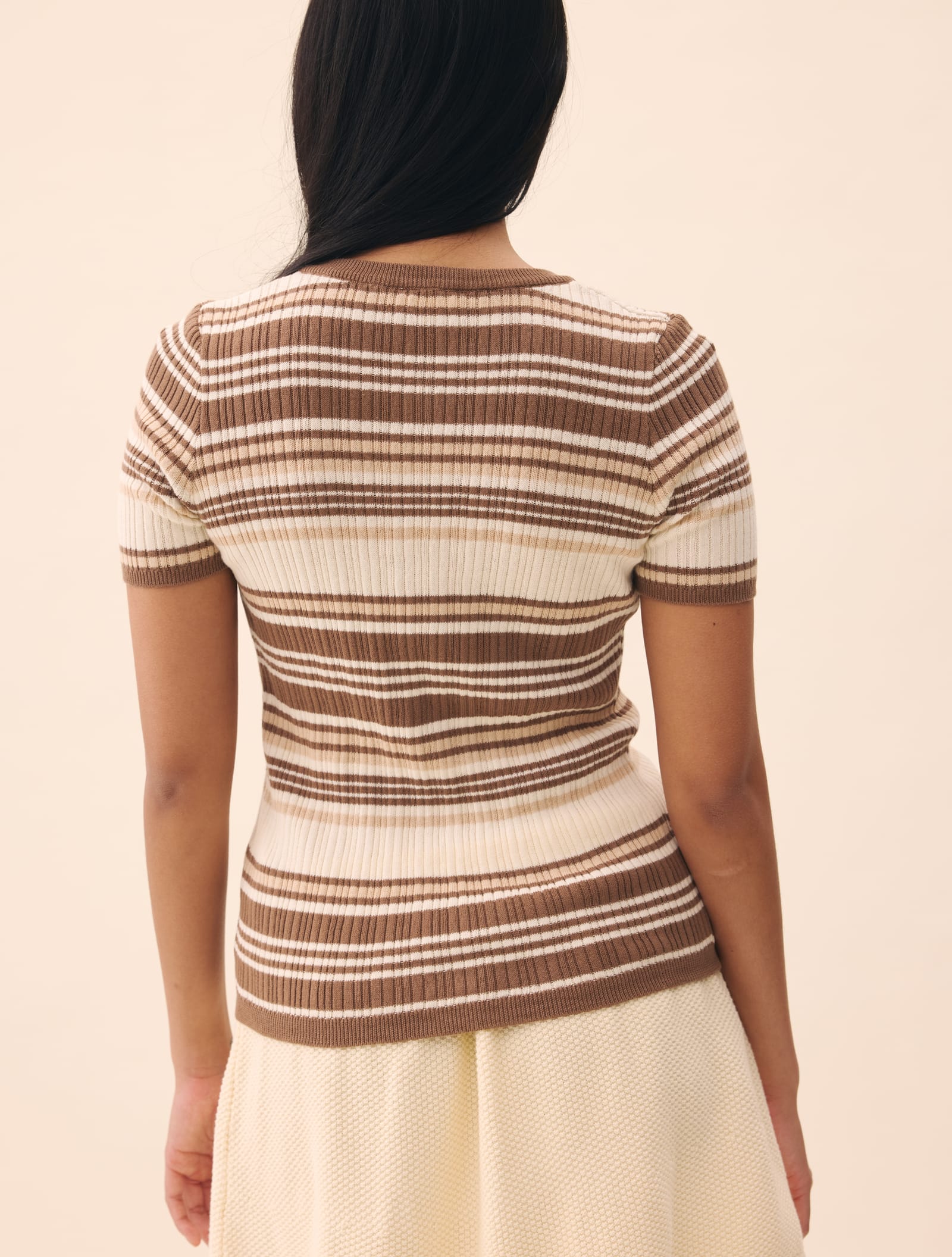 Knitted Short Sleeve Cardigan Brown Stripe