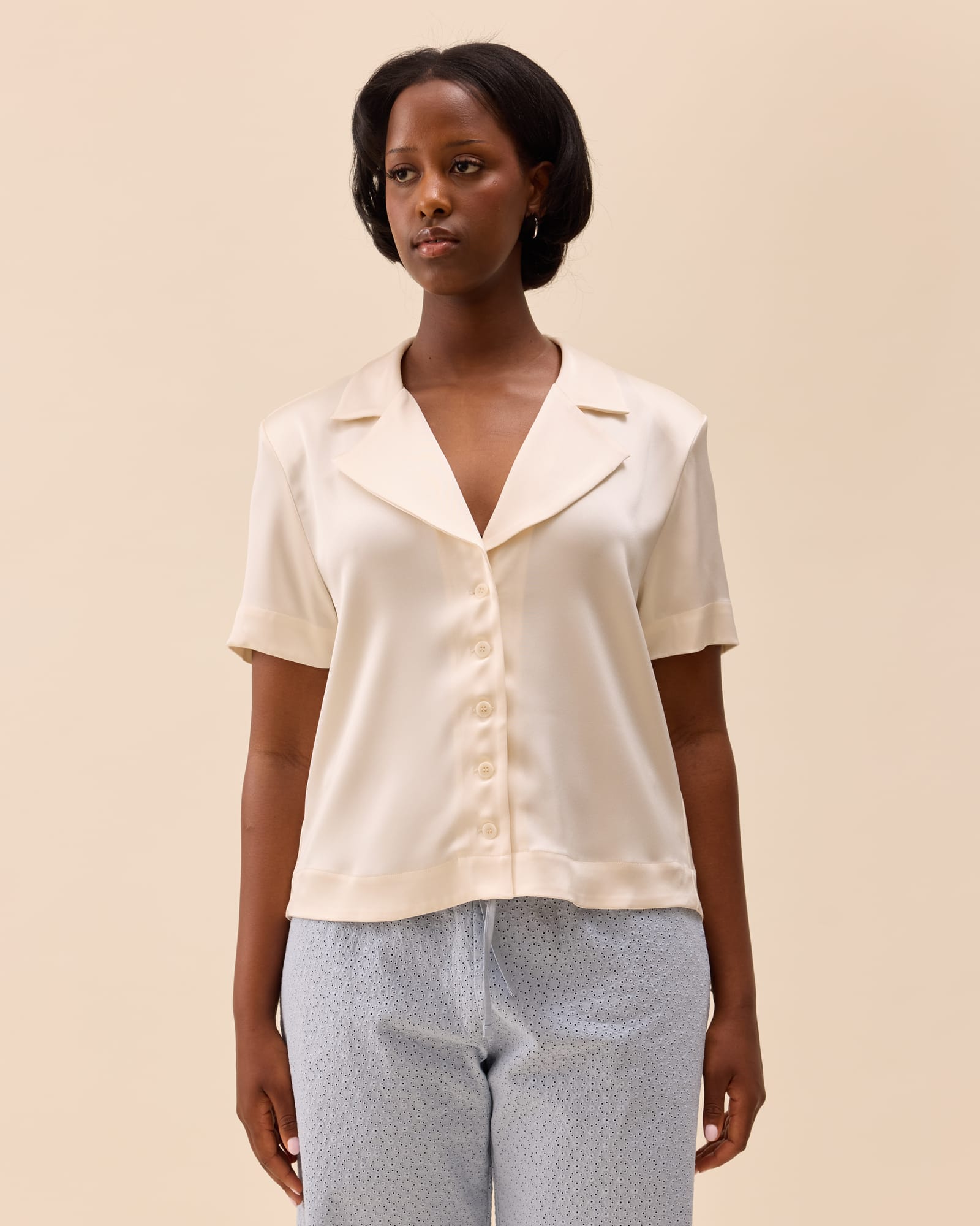 Satin Short Sleeve Blouse Ivory