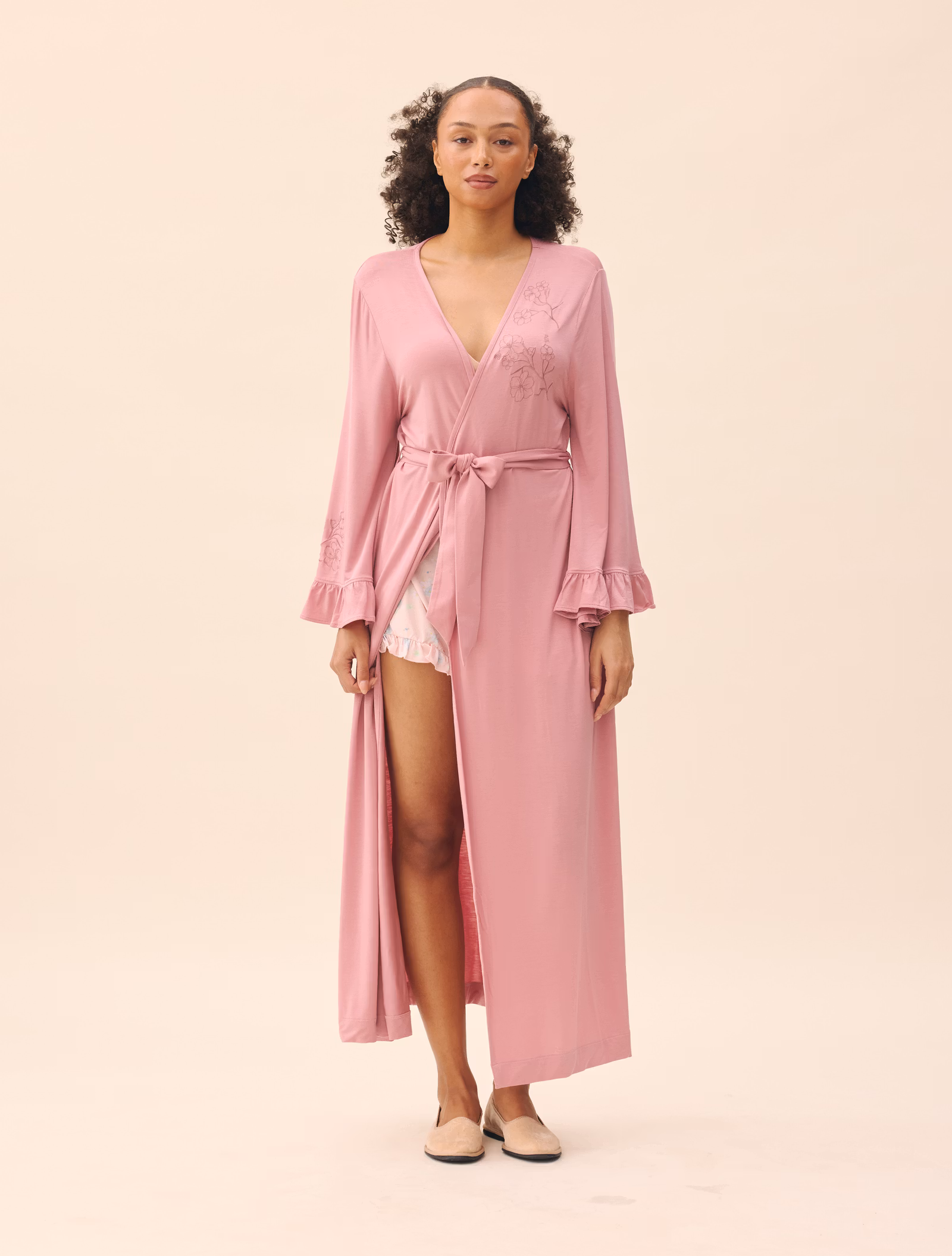 Go Slow Embroidered Robe Dusty Pink