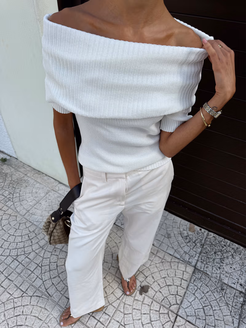 Knitted Bardot Top White