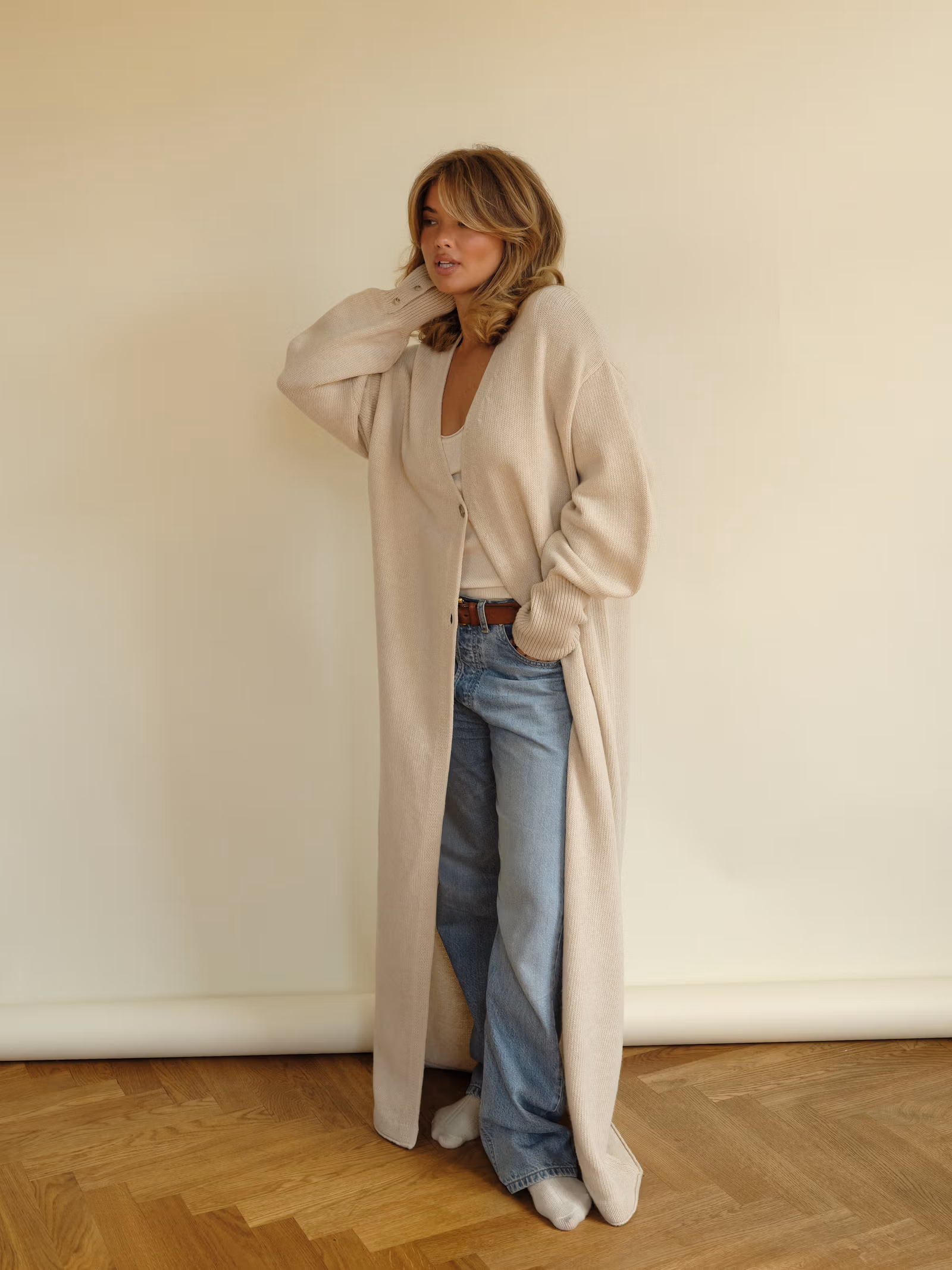 Long Knitted Cardigan Light Oat