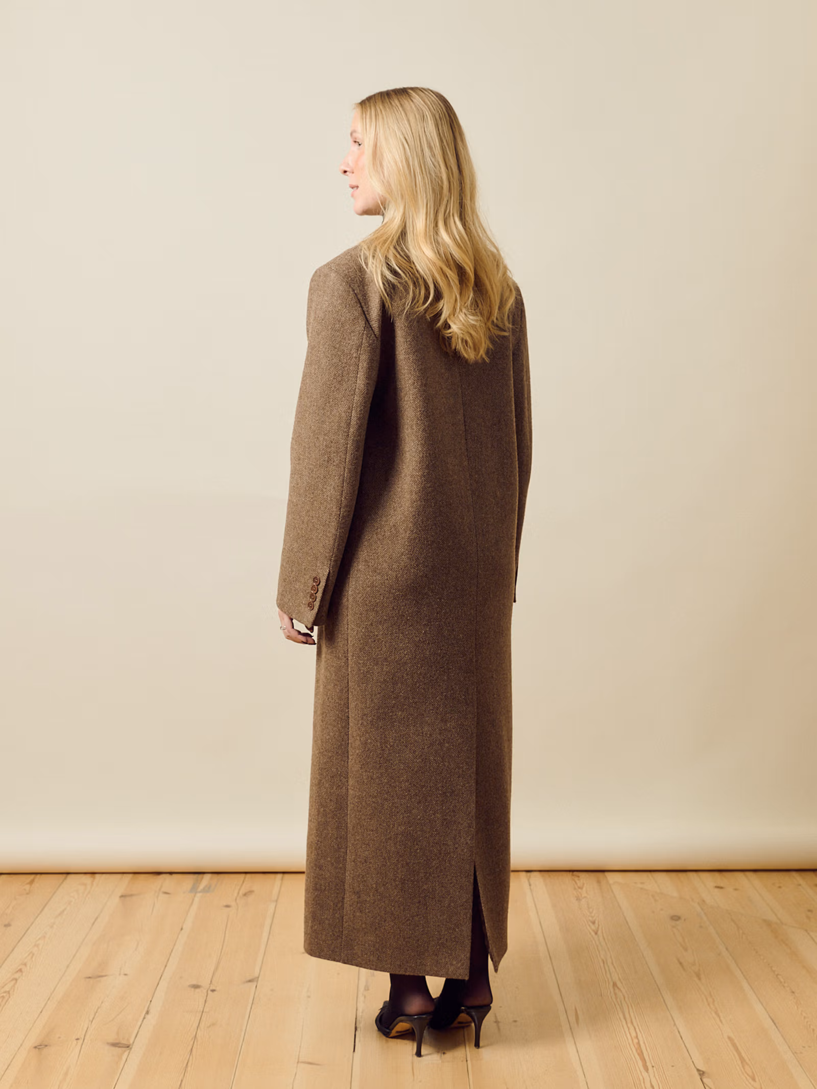 Long Wool Coat Brown Herringbone