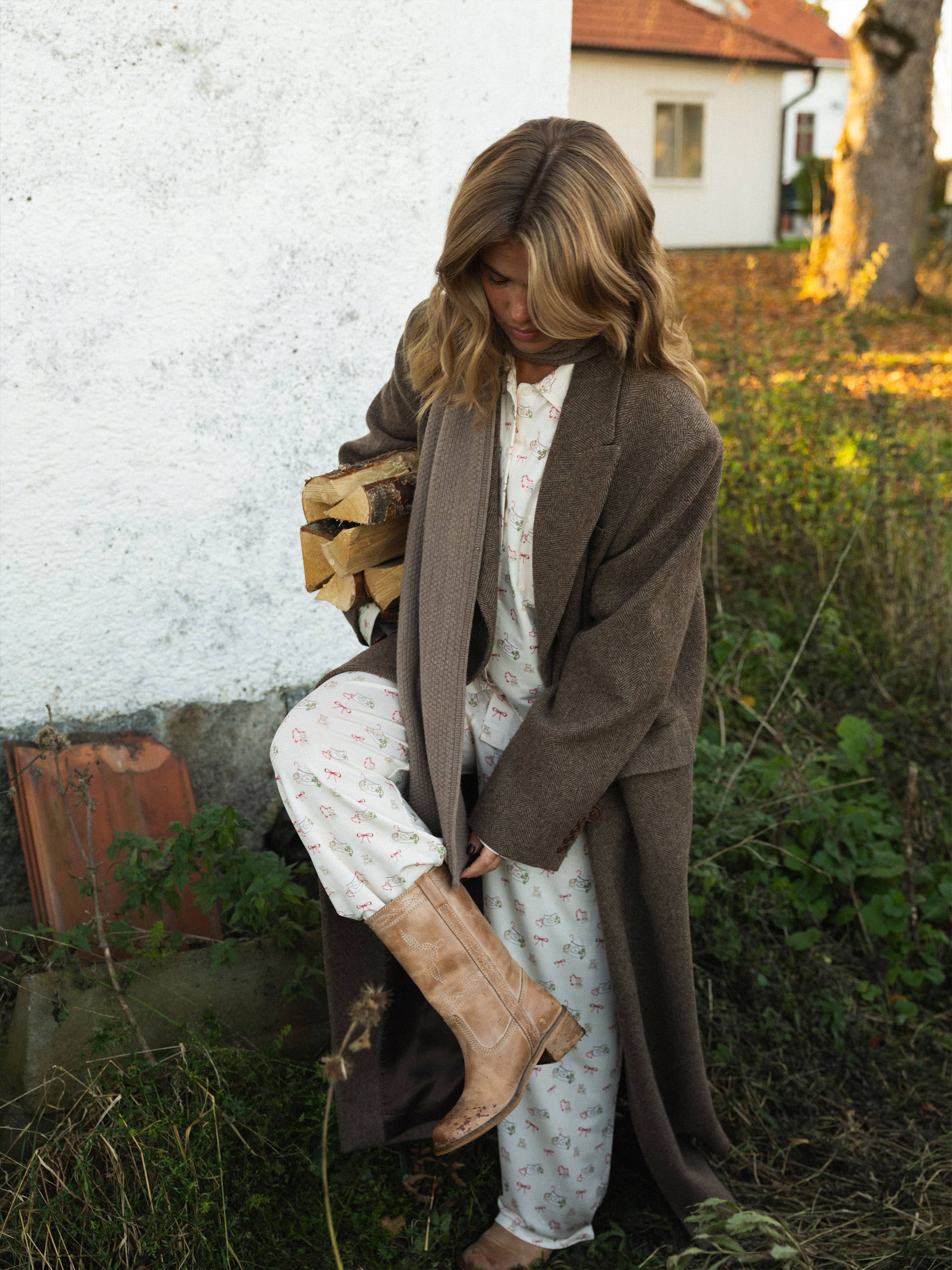 Long Wool Coat Brown Herringbone - Brown Herringbone | Djerf Avenue