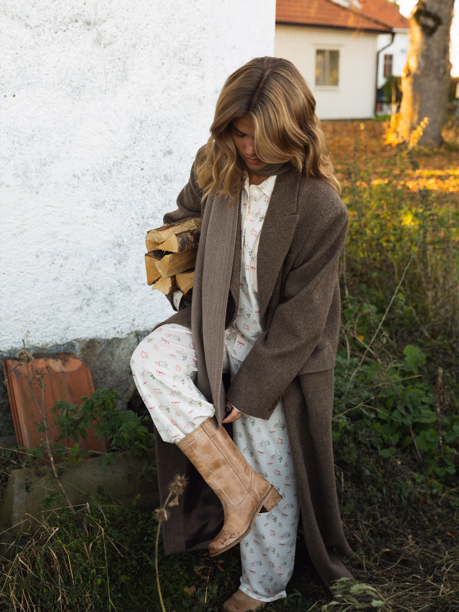 Long Wool Coat Brown Herringbone