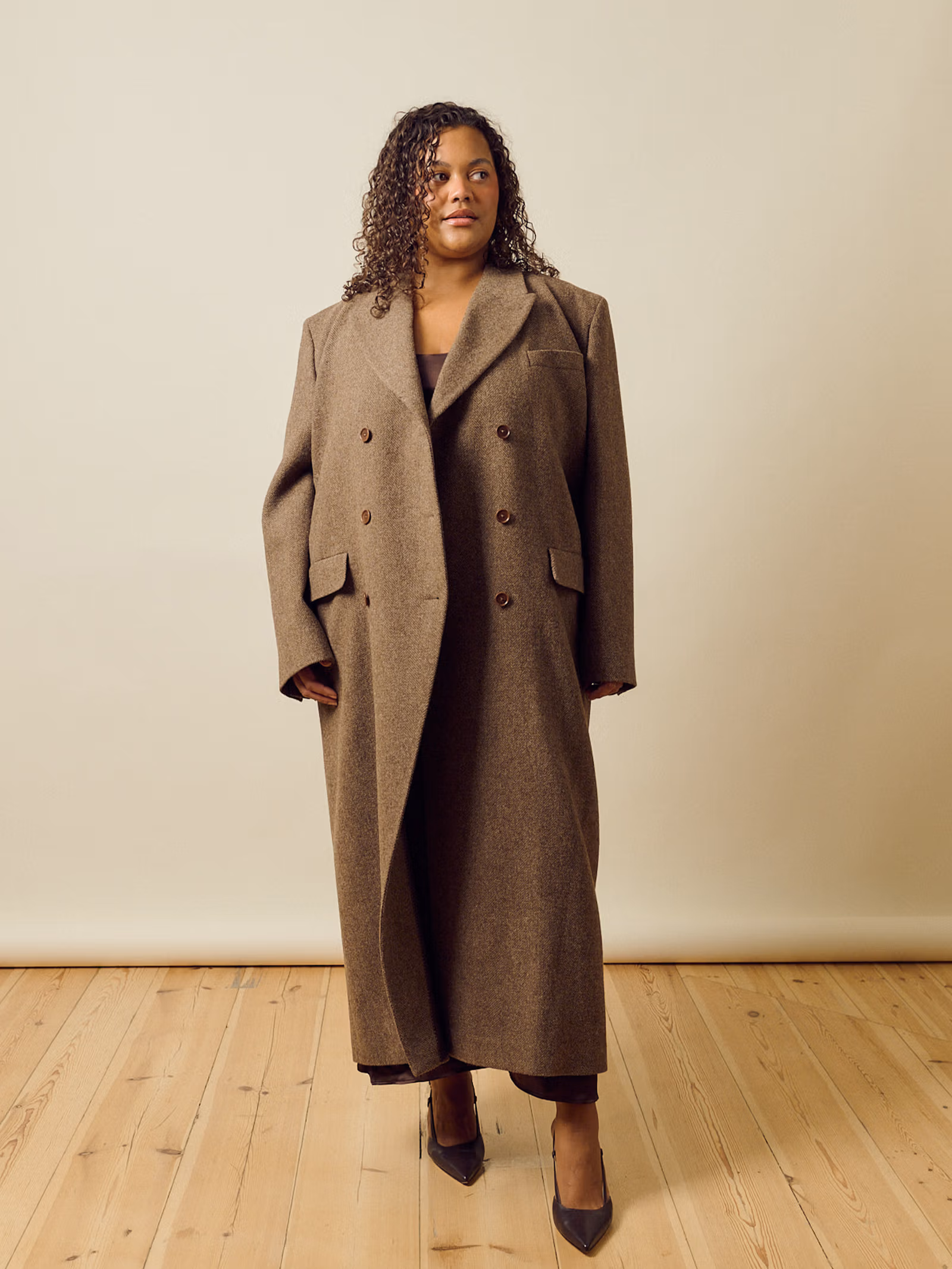 Long Wool Coat Brown Herringbone