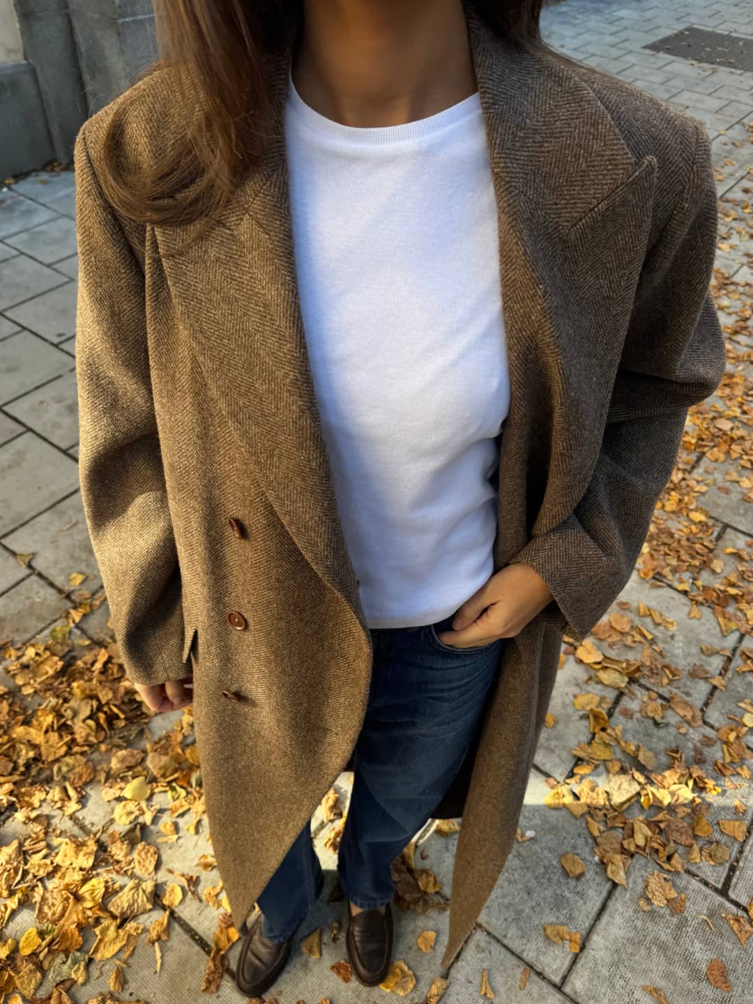 Long Wool Coat Brown Herringbone - Brown Herringbone | Djerf Avenue
