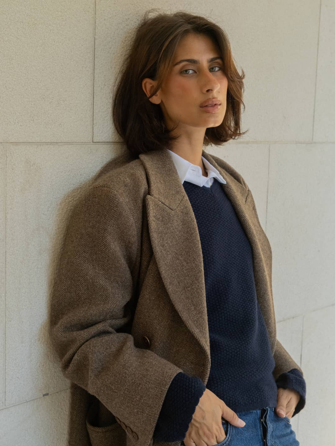 Long Wool Coat Brown Herringbone - Brown Herringbone | Djerf Avenue