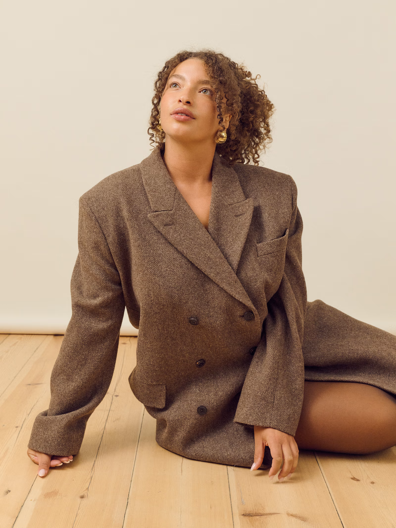 Long Wool Coat Brown Herringbone
