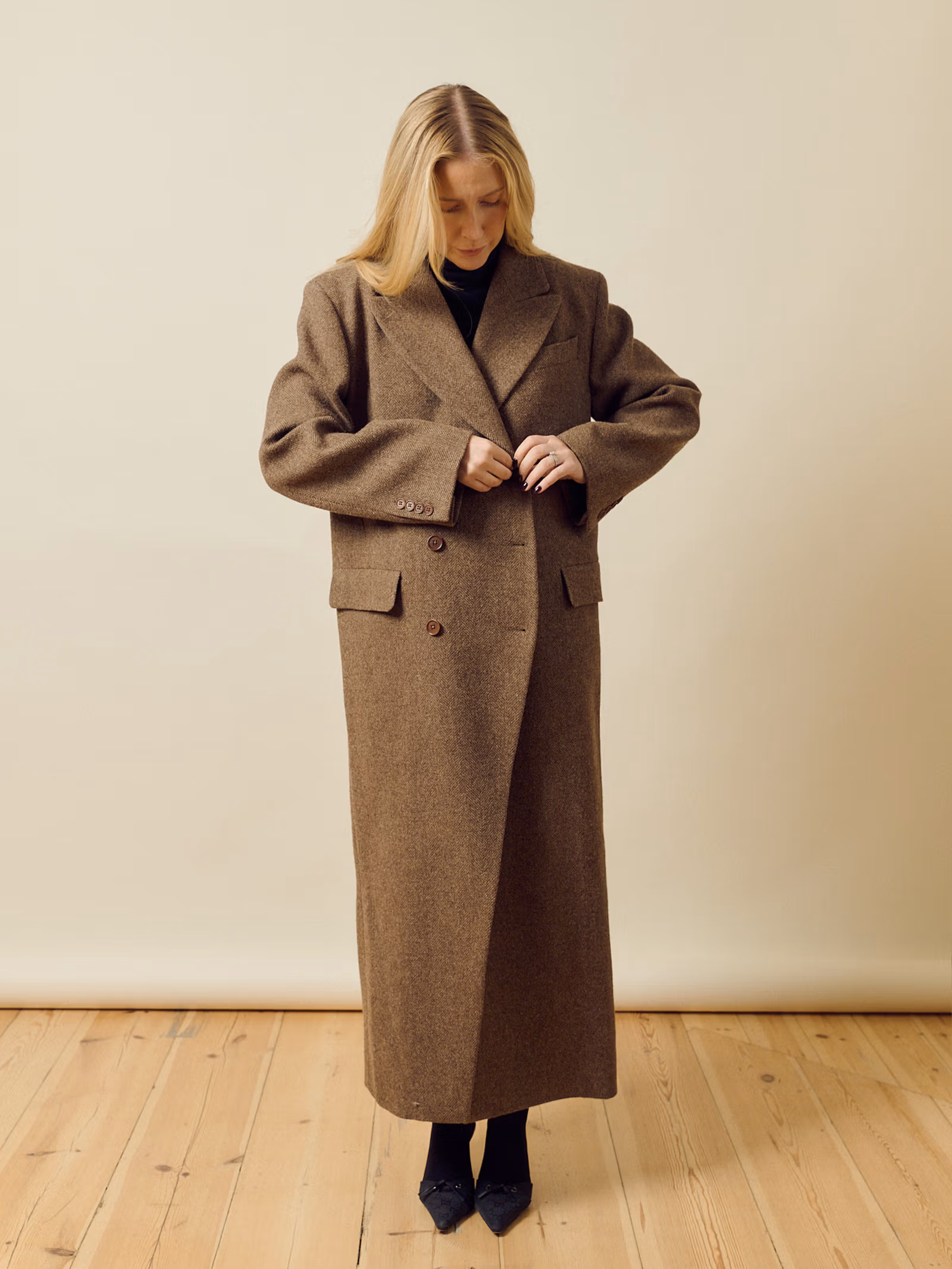 Long Wool Coat Brown Herringbone