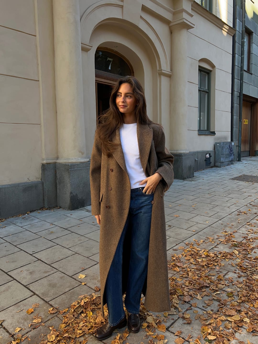 Long Wool Coat Brown Herringbone