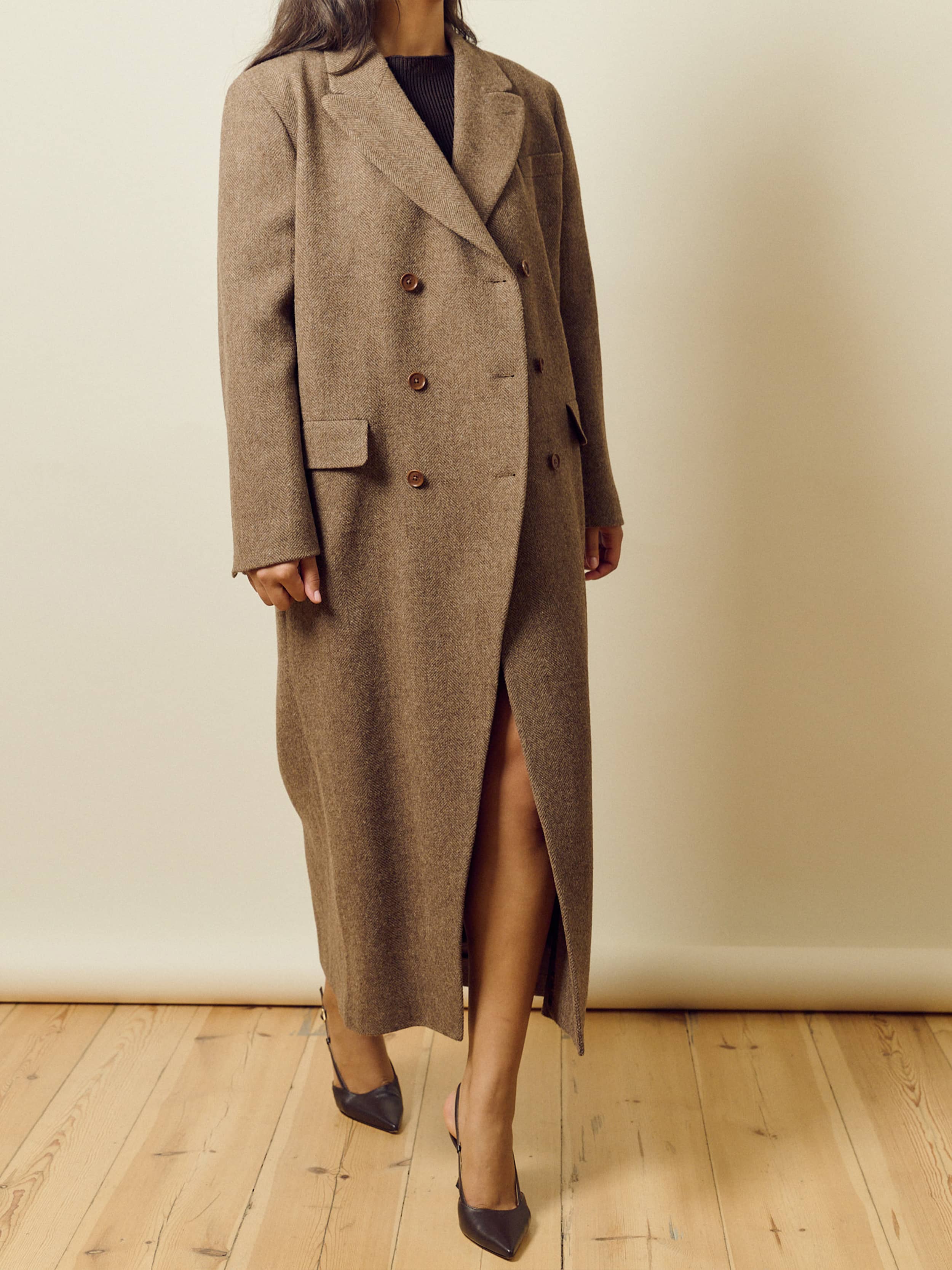 Long Wool Coat Brown Herringbone - Brown Herringbone | Djerf Avenue