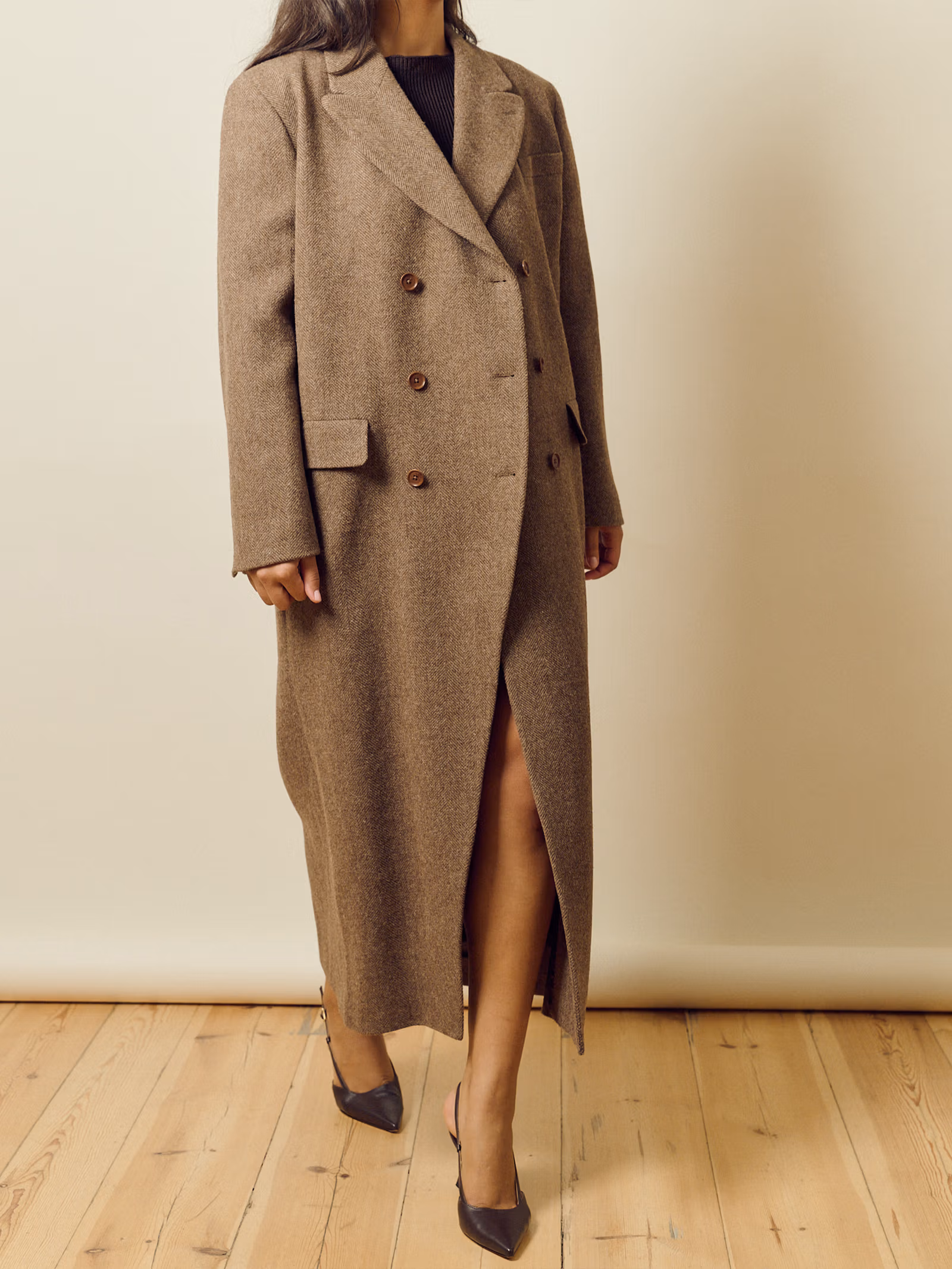 Long Wool Coat Brown Herringbone