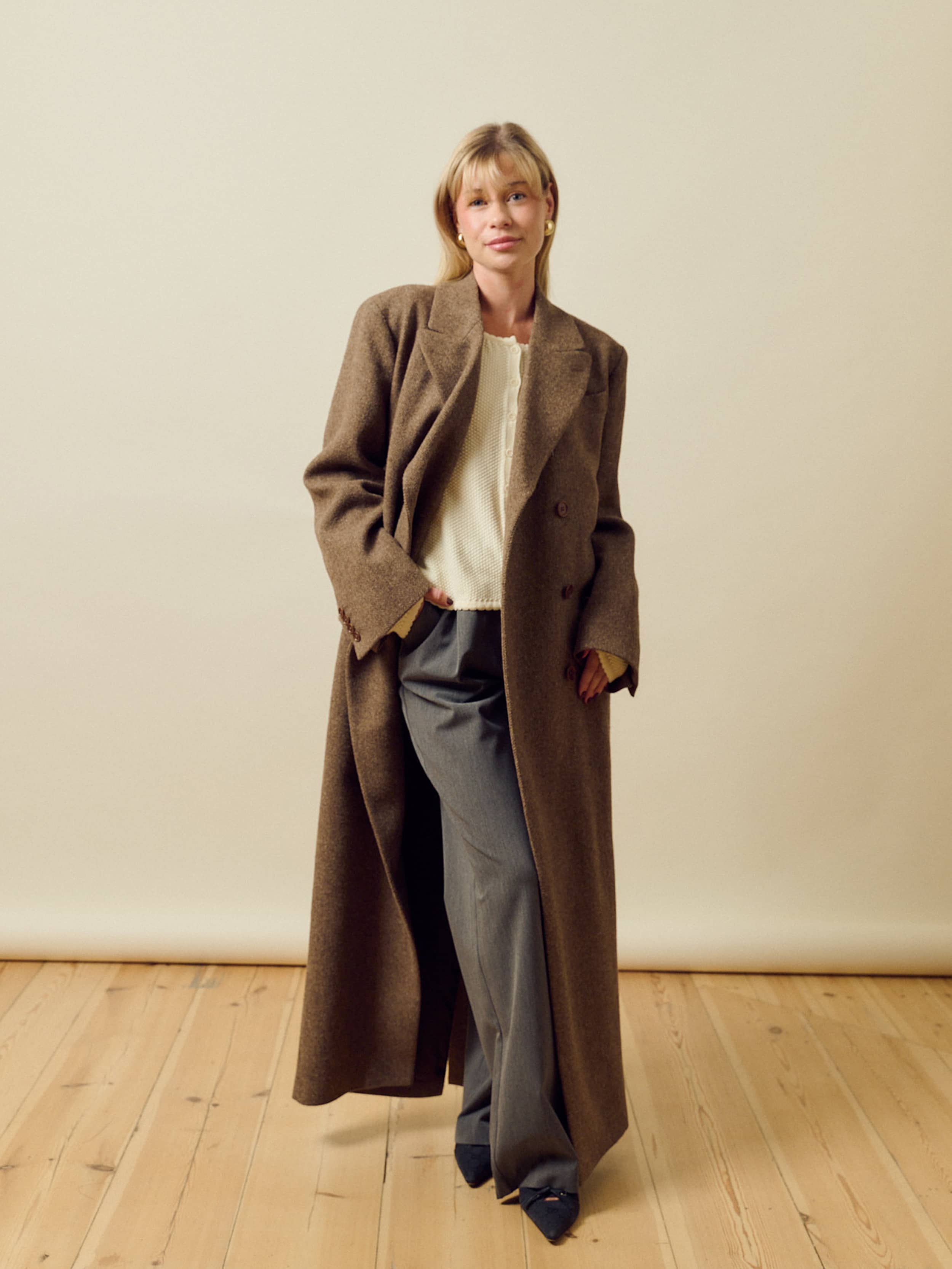 Long Wool Coat Brown Herringbone - Brown Herringbone | Djerf Avenue