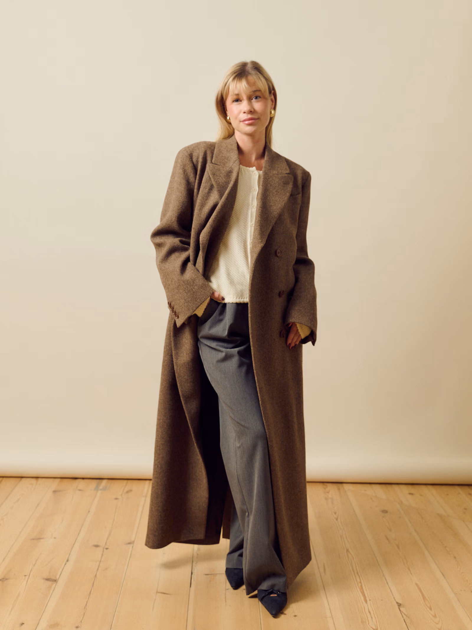 Long Wool Coat Brown Herringbone