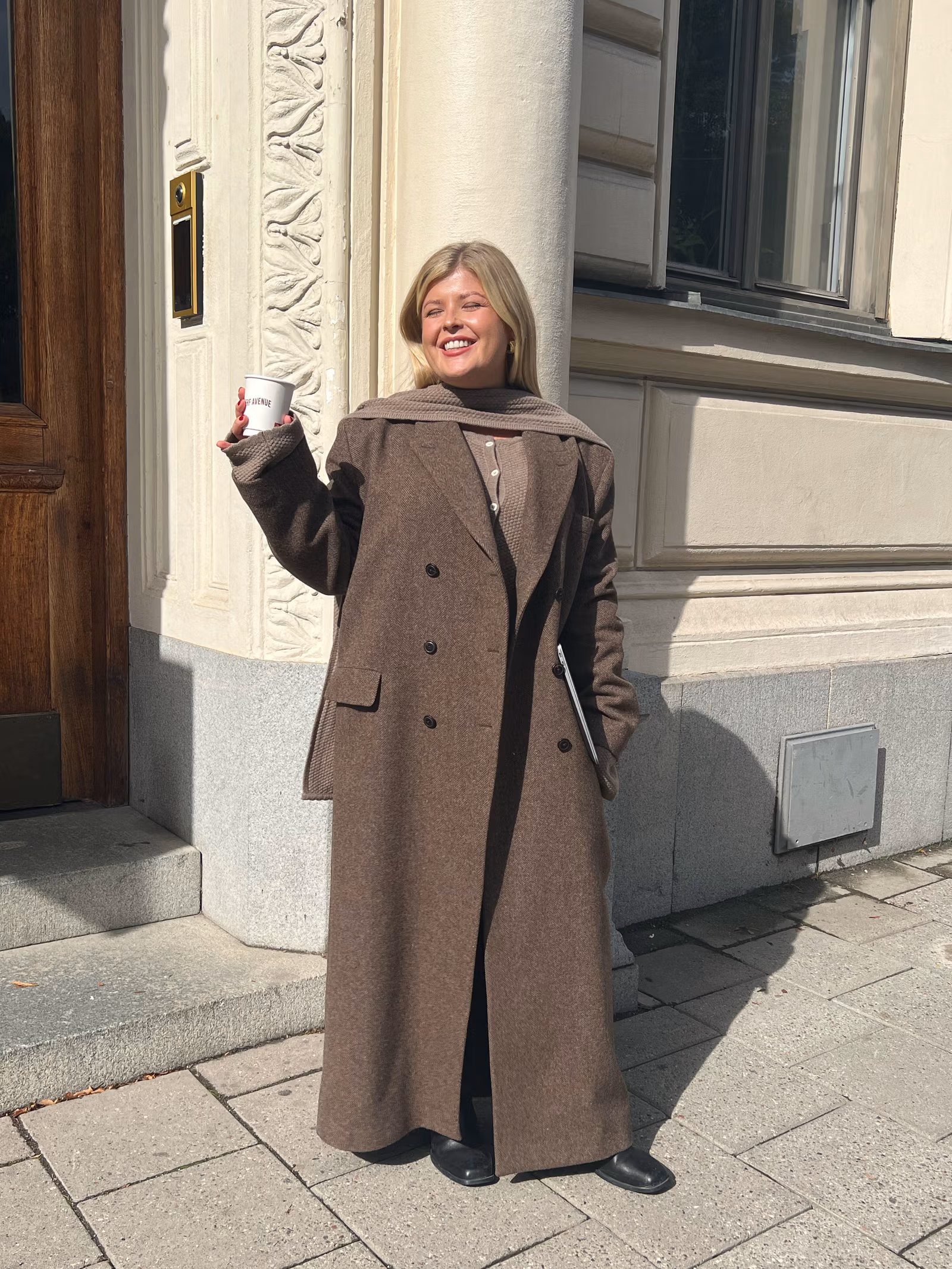 Long Wool Coat Brown Herringbone
